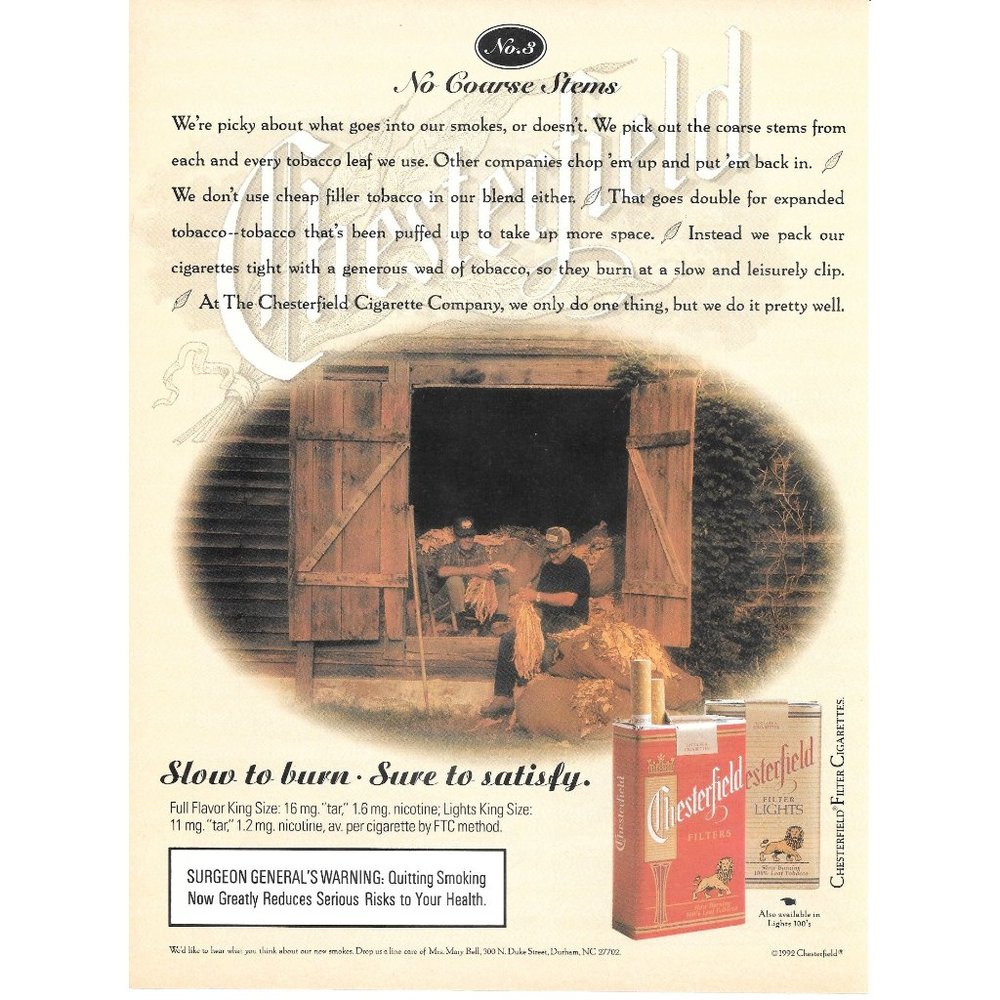 Vintage Chesterfield Cigarettes Print Ad 1993 Slow to Burn Sure to Satisfy